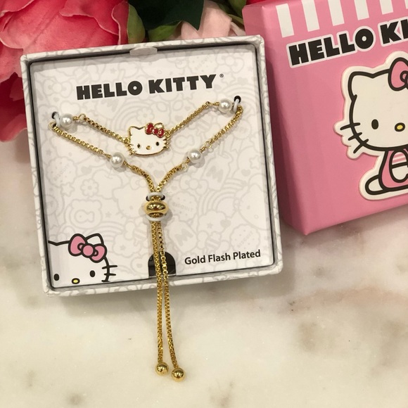 Hello Kitty Sanrio Yellow Gold Flash Plated Lariat Bracelet Imitation Pearls - Picture 4 of 8